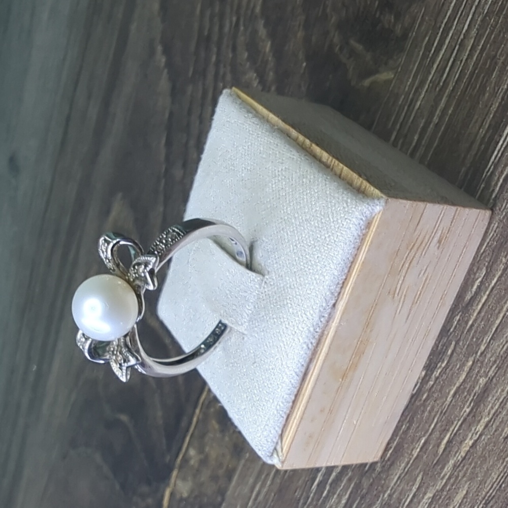 Diamond & Pearl 925 Sterling Silver Bow Ring Size 7 - Picture 3 of 14
